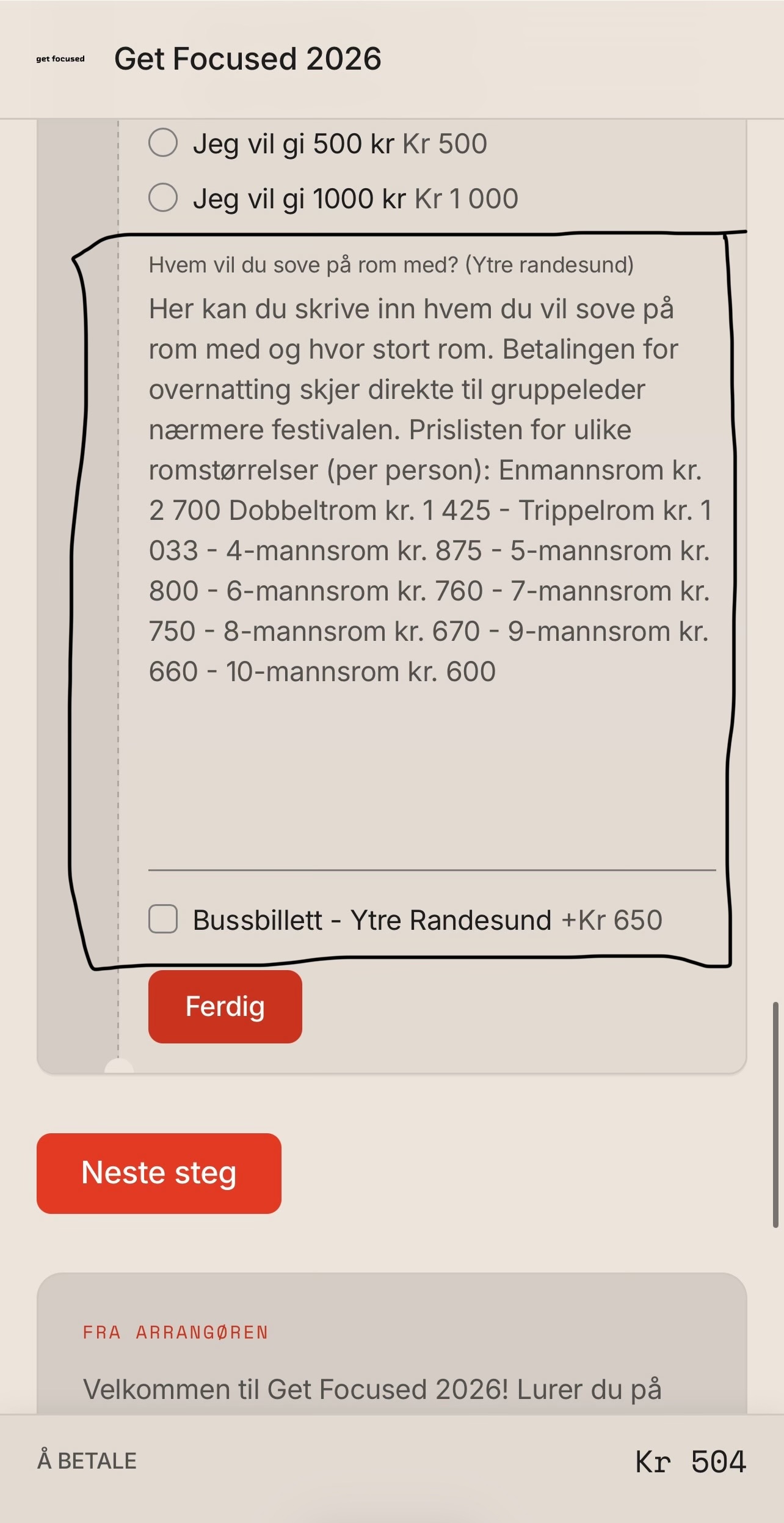 Skjermbilde av påmeldingen til Get Focused 2026 med romønsker og bussbillett