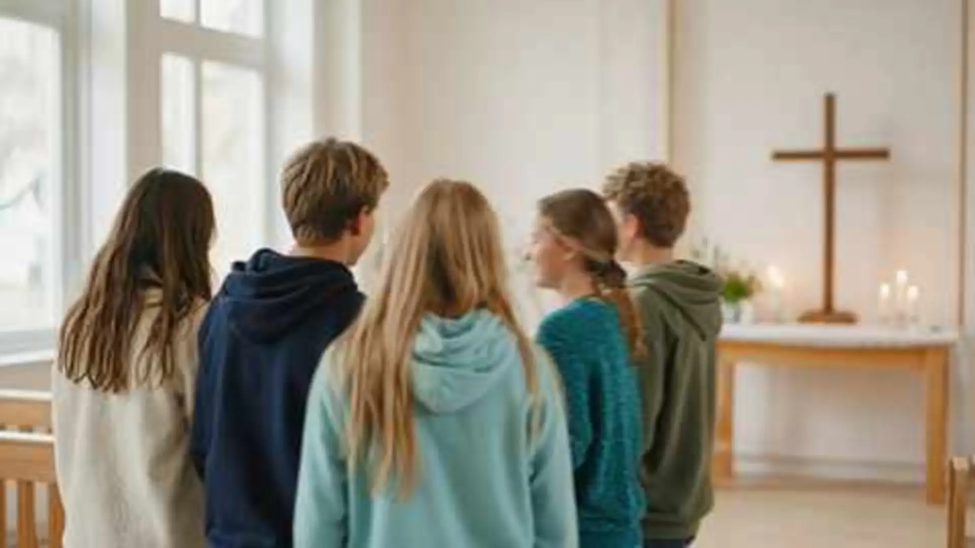 Ungdommer samlet i kirkerommet, sett bakfra